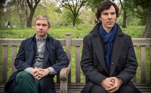 Martin Freeman as Dr. Watson and Benedict Cumberbatch as Sherlock Holmes in Sherlock.